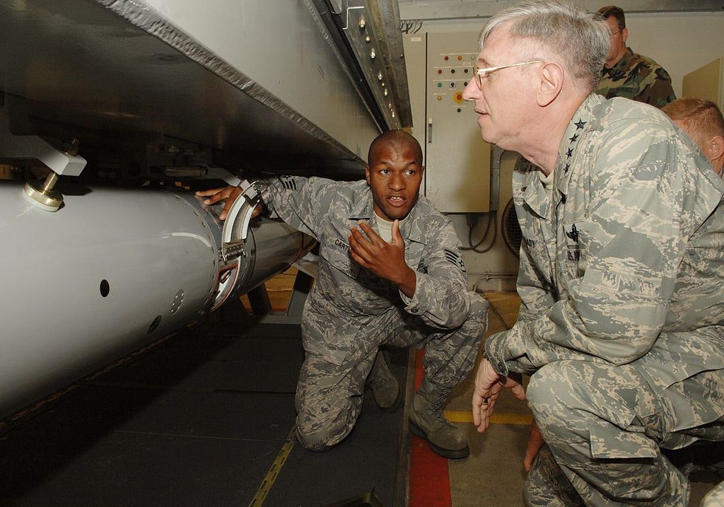 General Roger Brady, USAFE Commander, is shown B61 nuclear weapon disarming procedures on a “dummy” (inert training version) in an underground Weapons Security and Storage System (WS3) vault at Volkel Air Base, The Netherlands, on June 11, 2008.