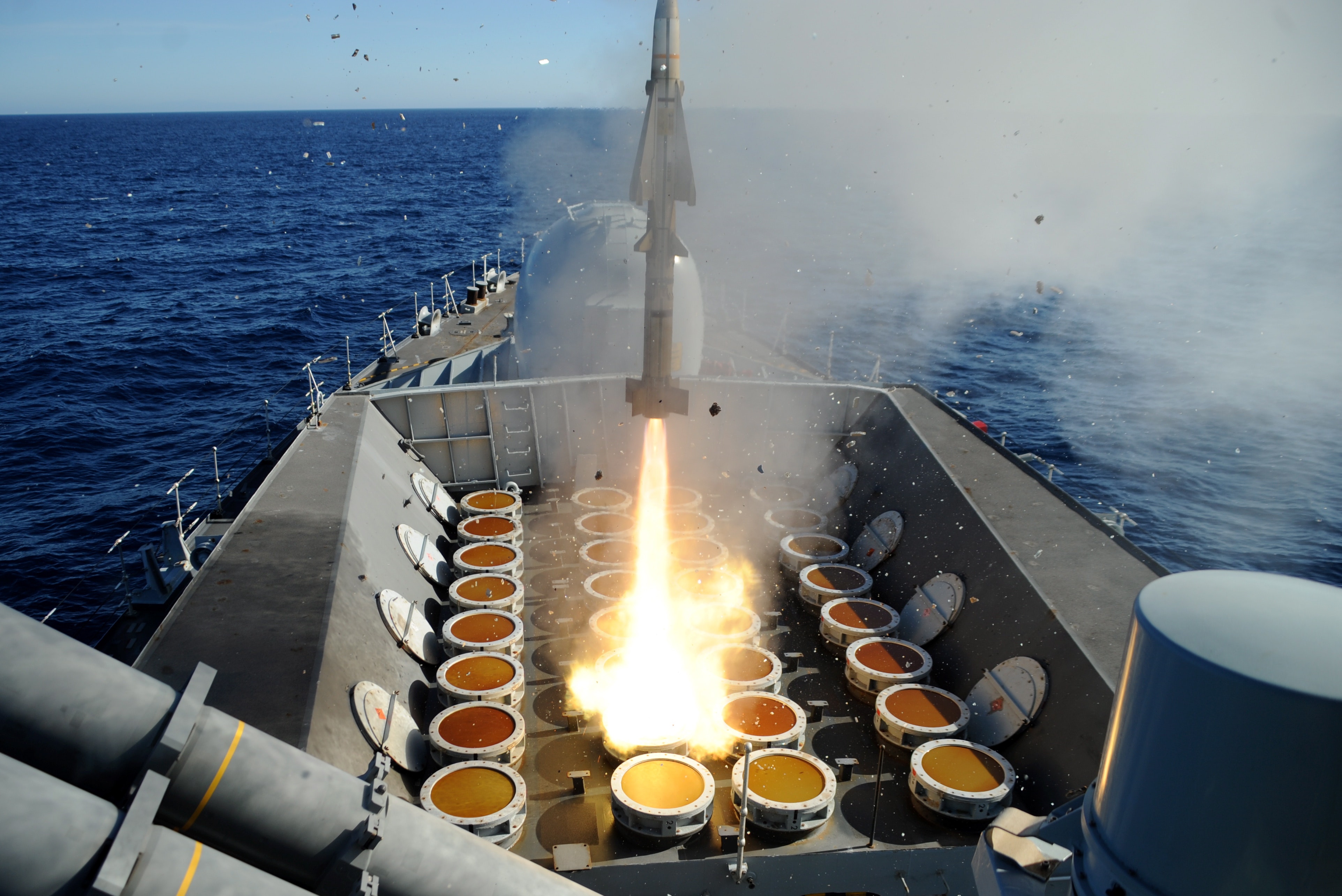 HMS Portland fires a Sea Wolf missile in the Gibraltar Exercise Areas.