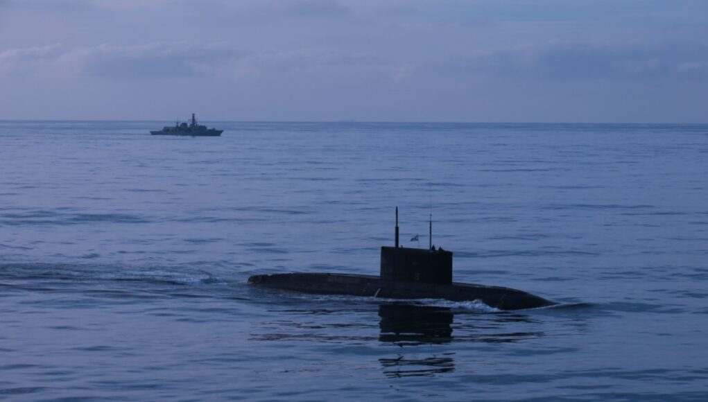 HMS Iron Duke monitored the surfaced Russian Kilo-class submarine Novorossiysk 1