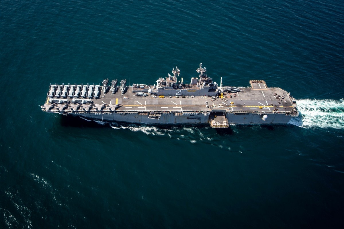 American assault ship USS Essex with embarked F-35B jets conducts operational deployment