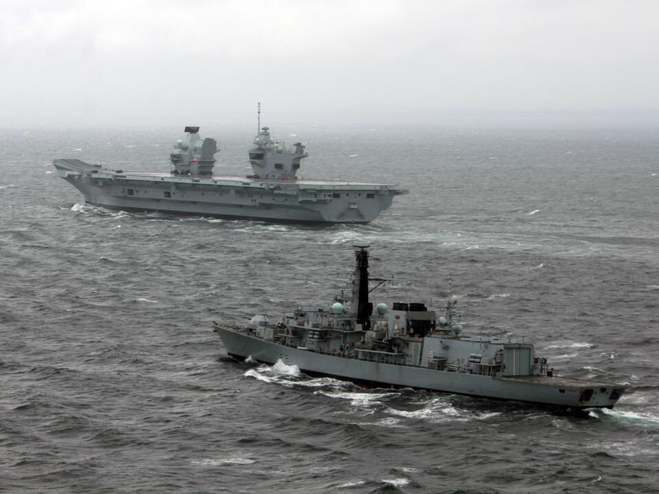 HMS Sutherland, HMS Iron Duke escorting HMS Queen Elizabeth on sea trials